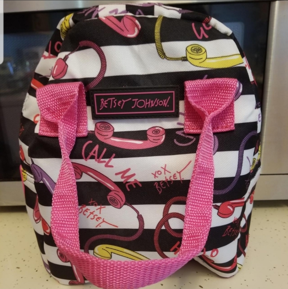 Betsey Johnson Pink & Blk. & White Stripe Insulated Lunchbag W/ Telephone Print